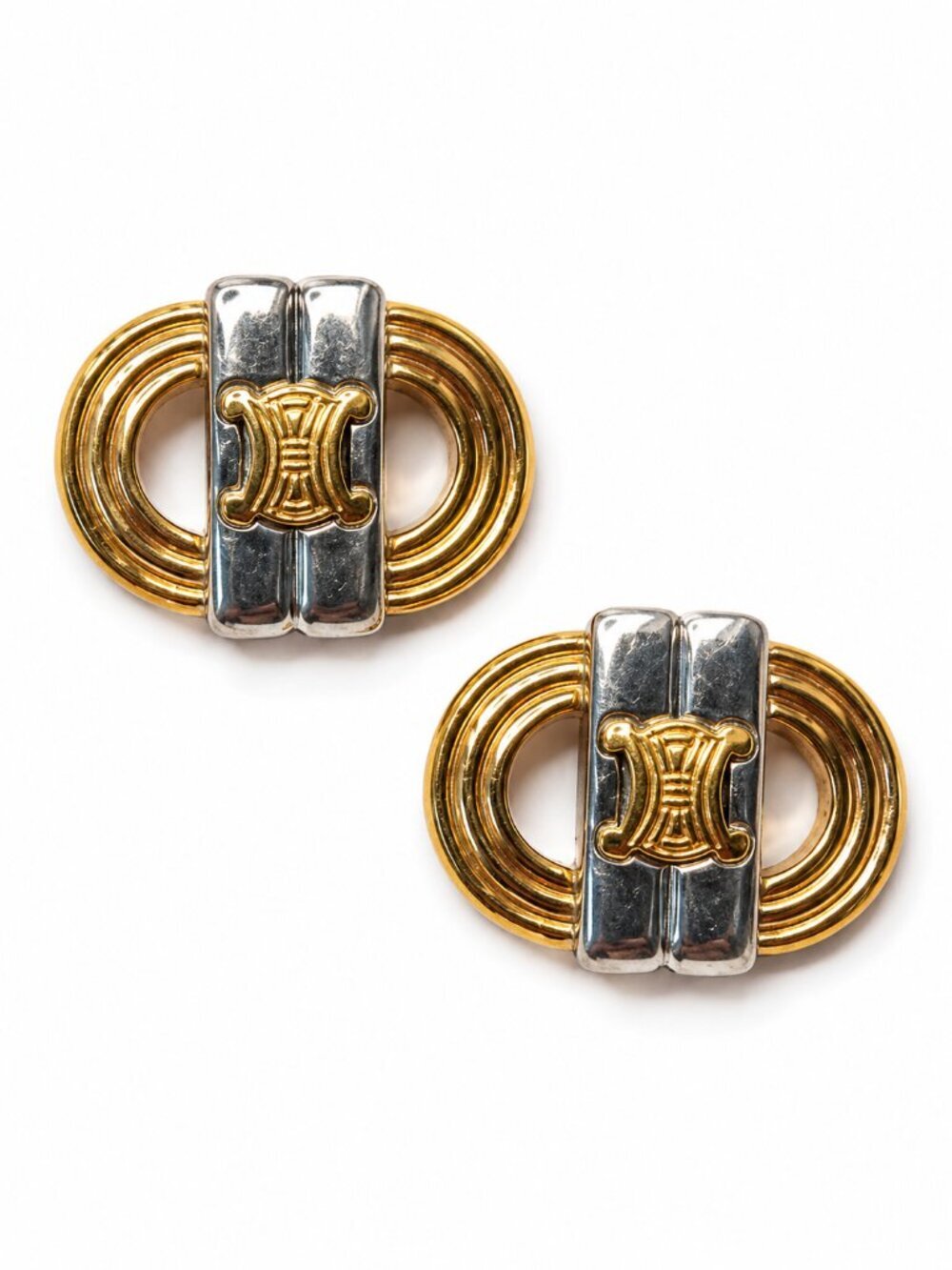 Vintage Celine Triomphe Logo Two-Tone Gold Silver Oval Cufflinks